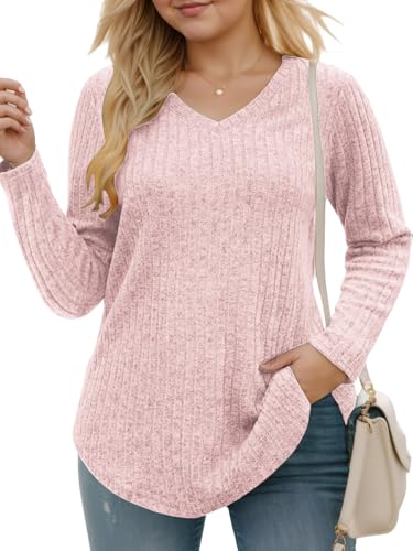 Plus-Size-V-Neck-Womens-Tops Dressy Long Sleeve T Shirts Trendy Lightweight Knit Sweaters Casual Loose Pullover Tunic2