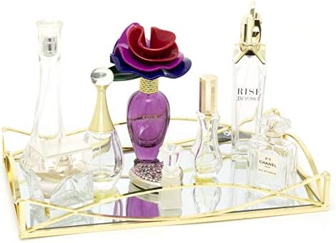 Carousel Home Gifts Art Deco Gold Mirrored Display Tray | Perfume Jewellery Cosmetic Organiser | Decorative Metal Double Vanity Dish 35cm