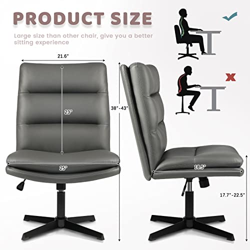 Lemberi Pu-Padded Armless Office Desk Chairs No Wheels, High-Back Wide Seat Home Office Desk Chair, 120°Rocking Cross Legged Computer Task Chairs, Modern Adjustable Swivel Vanity Chair (Dark Grey) #TOP1