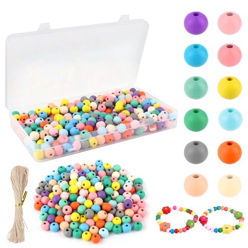 KILDOWS 300 Piezas Cuentas de Madera, 10mm Cuentas Redondas Colores Bolas Multicolor con Agujero Abalorios de Madera para Hacer Pulseras Collares Bricolaje Manualidades Decoraciones