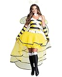SANSIWU Biene Halloween Cosplay Kostüm Damen Bienenkönigin Halloween Party Cosplay Kleid Flügel Stirnband und Arm Ärmel Faschingskostüm (Standard, XL, Gelb)