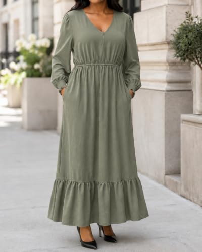 Women's Army Green Puff Long Sleeve Empire Waist Flowy Pockets Maxi Dress - image 2