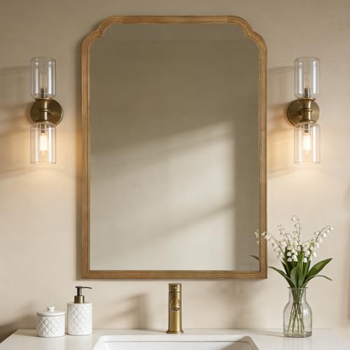 WallBeyond 28" x 40" Wood Bathroom Mirror for Wall Mounted, Rustic Rounded Corner Vanity Mirror for Entryway, Living Room or Bedroom Home Decorative [28" x 40" Natural Color] by WallBeyond - Used condition - US$105.21