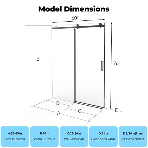 Image of Sliding Shower Door, 56-60 inch Wx76 inch H Glass Shower Door with Stainless Steel Frame, One Fixed One Sliding Panel, Black Finish, for Bathroom and Tub Installation
