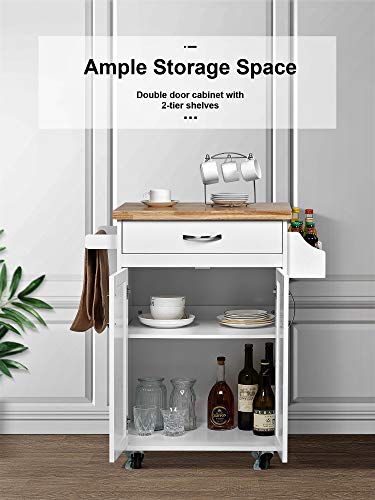 Kealive Kitchen Island on Wheels, Rolling Kitchen Cart with Spice Rack Towel Rack, with Large Drawer and Storage Cabinet, Solid Rubber Wood Top, White, 31.5L x 18.9W x35.4H