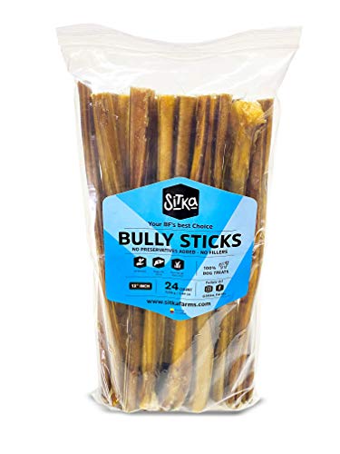 Sitka Farms Premium 12  Bully Sticks All-Natural Single Ingredient Long-Lasting Chew Dog Treat   Healthy Teeth and Gums  Sourced from Free Range Grass Fed for Medium and Large Dogs (24 Count)