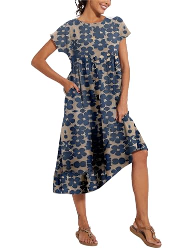 Image of LARMLISS Baggy Crew Neck Dress for Women Summer Casual Comfy Cotton Short Sleeve Tunic Beach Maxi Dresses with Pockets