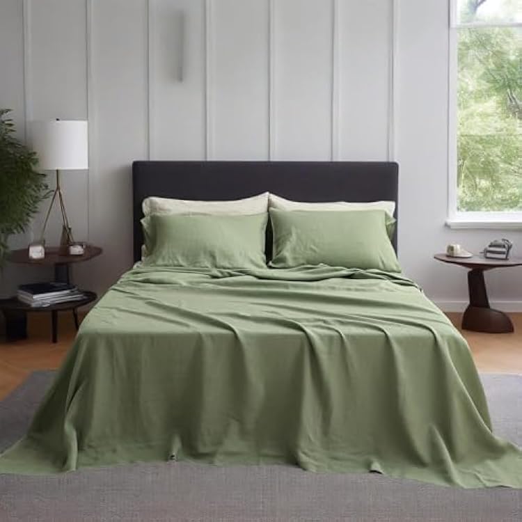 Simple&Opulence 100% Linen Sheets Queen Size Set, 4 Pcs Natural French Linen Bed Sheets, Breathable Soft Durable Bedding Set for All Season (Sage Green, Queen)