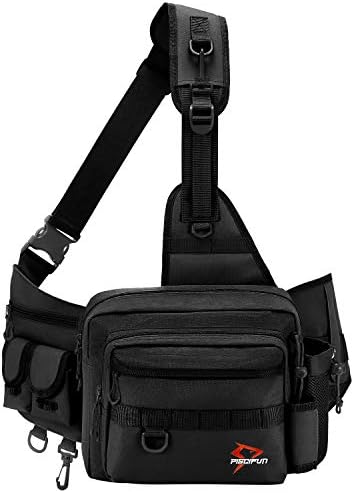 Piscifun Fishing Tackle Bag, Sling Fishing Storage Pack with Rod Holder, Water-Resistant Cross Body Sling Bag with D-Rings and Waist Strap, Black