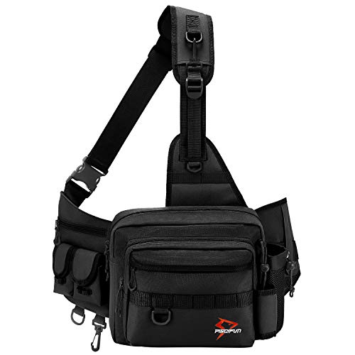 Piscifun Fishing Tackle Bag, Sling Fishing Storage Pack With Rod Holder, Water-Resistant Cross Body Sling Bag With D-Rings And Waist Strap, Black #TOP14