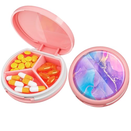 Image of Serfeymi Small Pill Box - 3 Compartments Portable Pill Box for Purse Pocket, Compact Mini Travel Pill Case - Suitable for Medicine, Vitamin, Fish Oil, Supplements - Pink(Fluid Art)