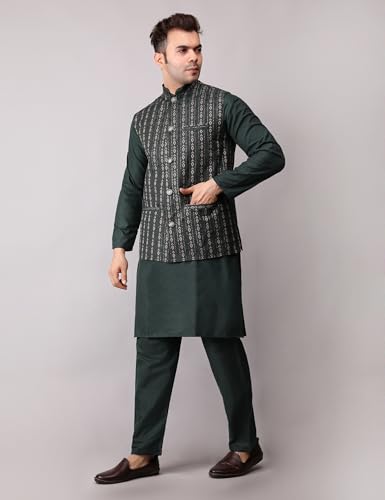 Image of Men's Cotton Silk Blend Regular Kurta Pyjama, Embroidered Nehru Jacket /Waistcoat Set