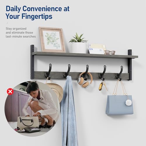 Image of Tatub 29 inch Rustic Coat Rack Wall Mount with Shelf, Entryway Wall Hooks with Shelf, Coat Hangers for Bathroom, Living Room, Bedroom, Dark Grey