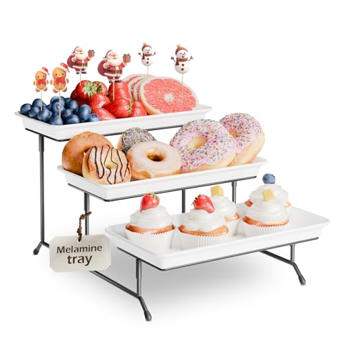 3-Tier Melamine Serving Tray Set, 11.5" x 5.6" Platters for Serving Food, White Reusable Trays with Black Metal Display Stand for Cupcakes, Sevring Food, Dessert, Fruit, Cookie, Black