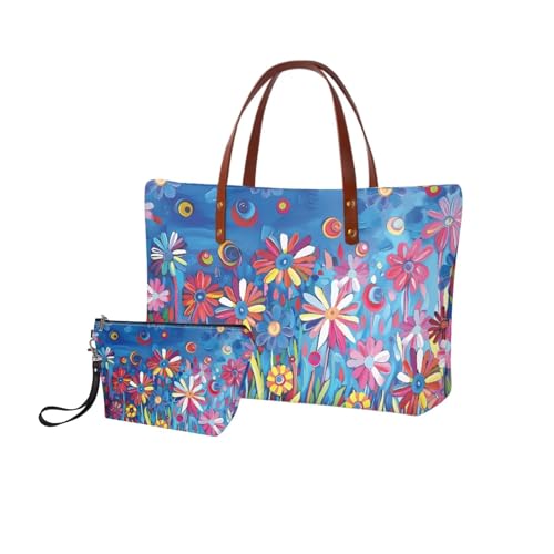 Image of Floral Tote Bag Large Top Handle Purse with Matching Wallet, Purse and Handbag Set for Women Satchel Bag Hobo Bag with PU Cosmetic Bag for Working, Shopping, Blue