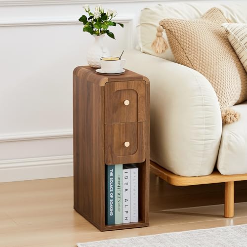 MAHYIZYI Narrow Nightstand with 2 Drawers, Small Bedside Tables, Mid-Century Modern Slim Night Stand with Storage, Wooden End Table for Small Spaces, Bedroom, Living Room (Walnut-1PCS)