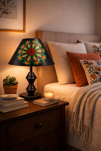 Image of tu casa Modern Table Lamp with Crimson Floral Satin Shade | Metal Iron Base Decorative lamp for Living Room| Study & Home Decor, Designer Table Lamp for Gifting (Radiant Mandala Bloom)