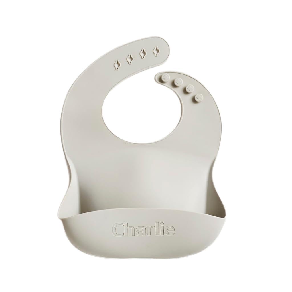 Personalised Silicone Baby Bibs with Wide Lip and Adjustable Neck, BPA Free (Cloud Grey)
