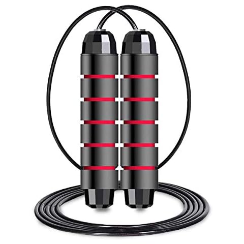Skipping Rope Adult - Fitness Jump Rope, Tangle Rapid Speed Skipping Rope Cable with Ball Bearings for Women, Men Kids Adjustable Steel Skipping Rope with Foam Handles for Home Fitness (Black/Red) Cover