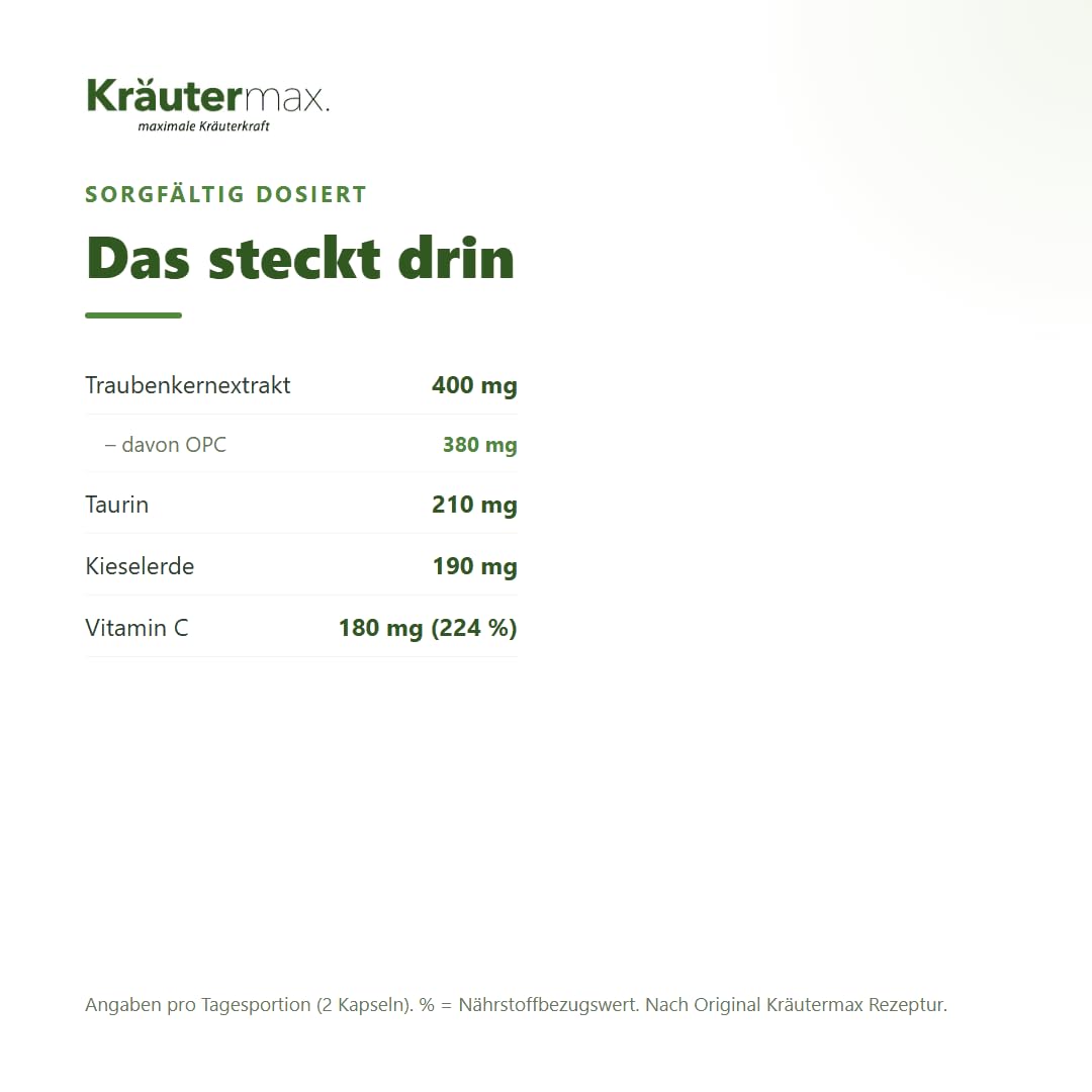 Kräutermax OPC Traubenkernextrakt und Vitamin C Kapseln, Hochdosiert mit Taurin, Kieselerde, Vegan, 90 Kapseln