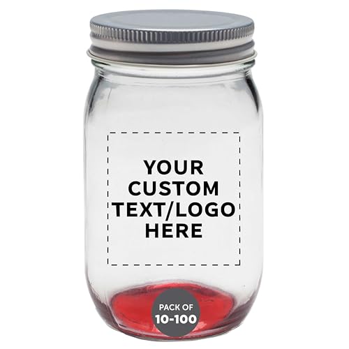 DISCOUNT PROMOS Custom Mason Jars with Lids 16 oz. Set of 10/50/100 Personalized Bulk Pack - Glass Jars for Overnight Oats Candies Fruits Pickles Spices Beverages - Red