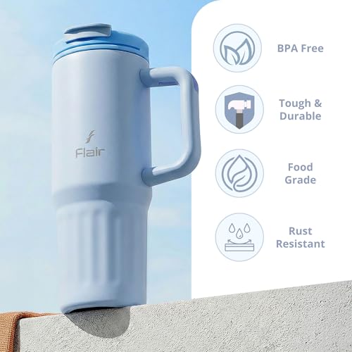 Image of FLAIR Vogue Vacuum Insulated Stainless Steel 750 ml Tumbler with Handle | 2-in-1 Lid with Flip Straw & Sip Spout -Blue | Hot & Cold Beverage Mug | Leak Resistant