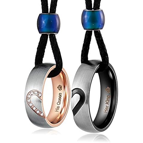 Matching Necklace for Couples His and Hers Stainless Steel Heart Necklaces King and Queen Ring Necklace 6MM 5A Cubic Zirconia Necklace Size 7+10 Cover