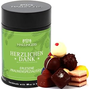 Hallingers 12 Manufaktur-Pralinen handgemacht, ohne Alkohol (150g) – Herzlichen Dank (Premiumdose) – Danke 2023, Für Sie…