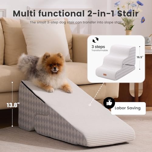 Image of Gardner Pet Dog Stairs for Small Dogs 16.5 inch H, 2 in 1 Transformable 3-Step Pet Stairs and Ramp, Dog Steps for Couch Bed (13-20 in) Non-Slip Waterproof Cover and CertiPUR-US Certified Foam, Checked