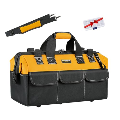 WINHUNT Wide Mouth Extra Large Tool Bag, Waterproof Tools Storage Organiser Electricians Tool Bags with Adjustable Shoulder Strap, 20 Inch, Yellow
