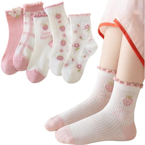 5 Pairs Girls Thin Spring Summer Cotton Mesh Ankle Socks, Breathable Cute Strawberry Trim Princess Mid-Calf Socks