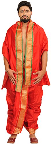 Ready to Wear Dhoti and Veshti Set with Woven Golden Border - Poly Silk product thumbnail 9