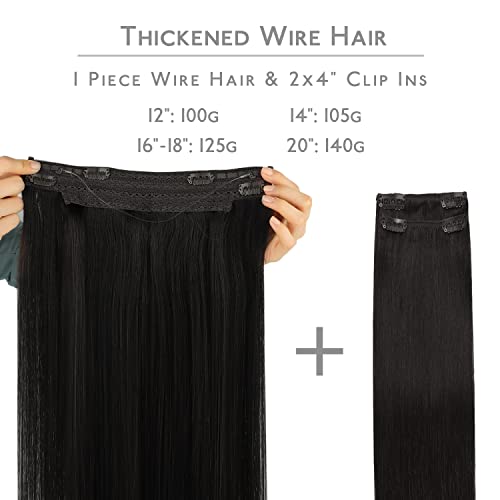 Image of WENNALIFE Wire Hair Extensions Real Human Hair 16 inch 125g Natural Easy to Apply Reusable Black Remy Hair Invisible Transparent Wire Straight Reusable Natural Easy to Apply Reusable
