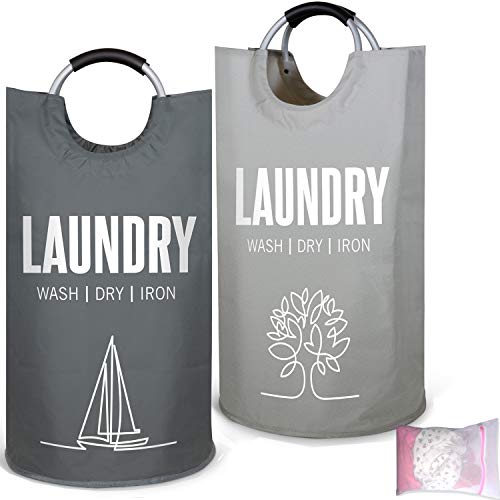 smartpeas Juego de cestas portátil para la Ropa Gris - 2 cestas de Almacenamiento de poliéster para la Ropa - Asas de Aluminio - 1x Red de Malla Libre