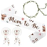 Highland Cow Mom to Be Sash Dad to Be Pin and Flower Crown Headband for Gender Reveals Party Baby Shower Party Favors Decorations for Boys and Girls Pregnancy Props Keepsake