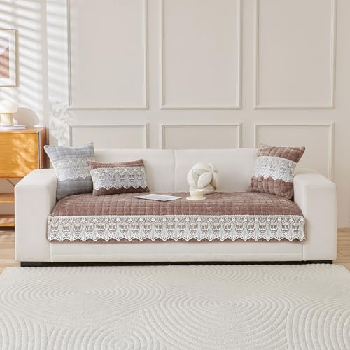 Image of HOKIPO 'BelleLace Series' Imperial Milk Velvet Sofa Cover Mat for 2 Seater Sofa, Lace Design, Mocha Brown (AR-5964-BRN*1)