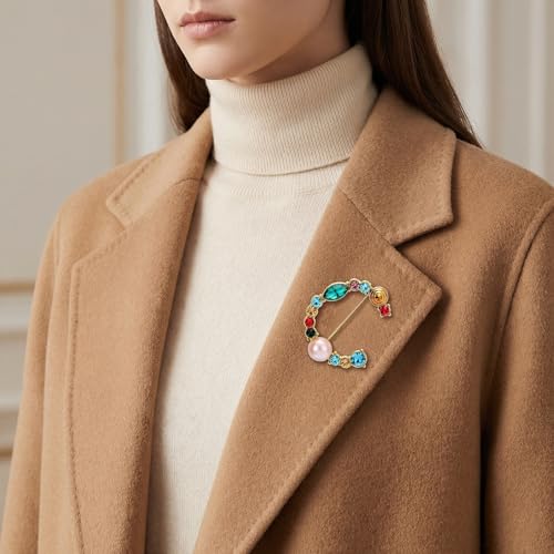 Image of Initial Brooch Pins A-Z 26 Letters Brooches For Women Colorful Enamel Alphabet Pin Pearl Crystal Lapel Pin