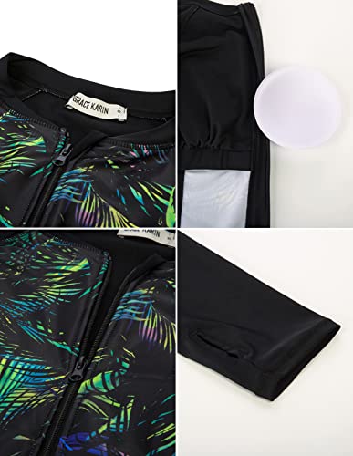 Women's Rashguard Swimsuits Built-In Bra Swim Tops Long Sleeve Uv Sun Protection Surfing Shirts Tummy Control Swim Shorts Teens Adult Palm Leaf L #TOP5