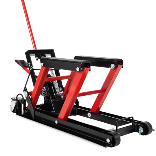 Caskunbsy Sollevatore per moto, cavalletto di montaggio, idraulico, per moto, sollevatore a 4 livelli, pieghevole, 680 kg (rosso + nero)