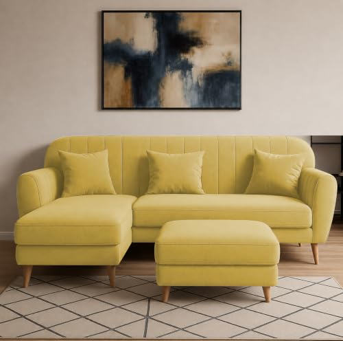Image of Atticus LHS 4 Seater L Shape Sofa Set with Ottoman for Living Room (Yellow Fabric) Premium Fabric Sofa Set