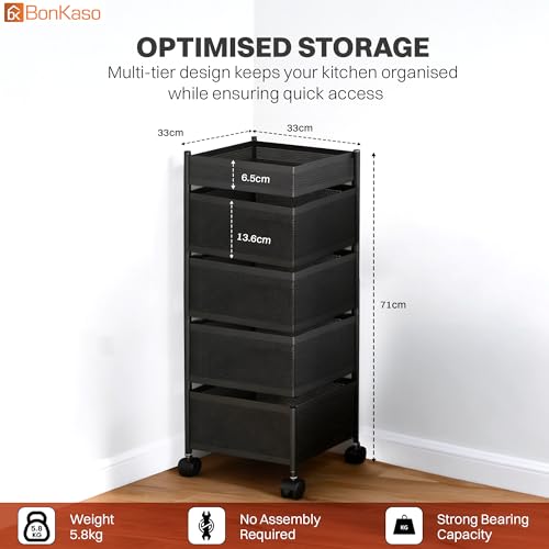 Image of BonKaso 5-Layer Square Multipurpose Kitchen Trolley with Swivel Storage Basket & 360 Rotating Wheels, Black Steel Frame, Easy Mobility, Space-Saving and Durable