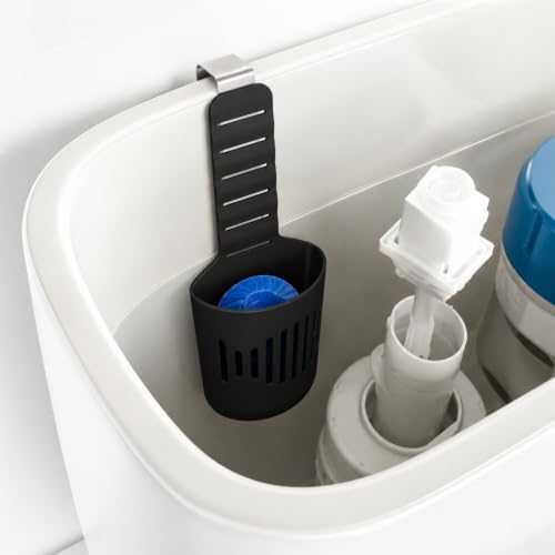 Suporte para tablet de limpeza de tanque de vaso sanitário com gancho de metal e cesta, preto (Preto)