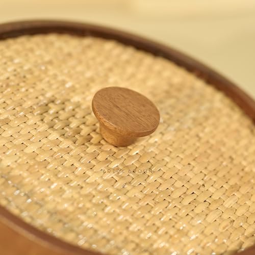 Image of Brick Brown Reed Wooden Roti Box with Hand-Woven Cane Lid | Solid Wood Chapati Box for Kitchen & Dining | Designer Roti Casserole /Roti Hot Pot Case | Handmade Roti Dabba Server (8.1x8.1x4.2 Inch)