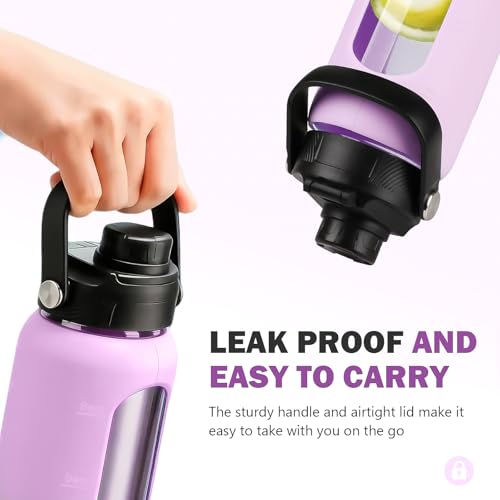 Image of 24 oz Glass Water Bottle with Straw - 2 Lids (Bamboo & Spout Lid), Motivational Borosilicate Glass Daily Water Intake Bottle with Time Marker, Silicone Sleeve for Gym Home Office-Purple