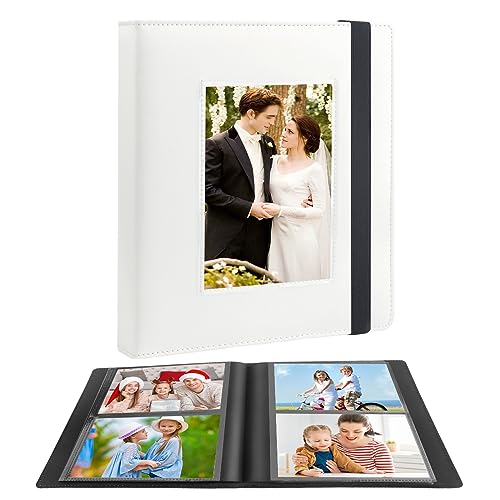 Photo Album 4x6 Holds 136 Photos, 4x6 Photo Album Leather Cover with Front Window, 4x6 Picture Book with Black Inner Page, 4x6 Photo Book for Baby Wedding Family Kids Anniversar (White)