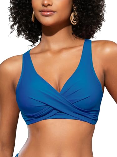 SHEKINI Women's Bikini Tops V Neck Criss Cross Push Up Big Bust Wired Swimwear Top Tie Back Swim Top for Women UK Bikini Top Only, Blue, L
