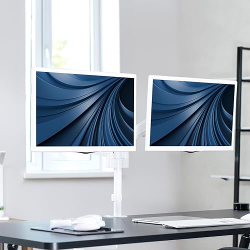 Image of VIVO 17 to 32 inch Dual Pneumatic Monitor Mount, 2 Pneumatic Arms, Adjustable Swivel, Rotation, Heavy Duty VESA Desk Stand with C-clamp, Grommet, Max VESA 100x100, White, STAND-V002KW