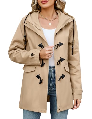 CMTOP Chaqueta Mujer Primavera Abrigo Entretiempo Algodón Parka Militar Elegante con Botones de Cuerno Cazadora Ligero Práctica con Capucha Chaquetas Informal de Verano Otoño(Caqui, M)