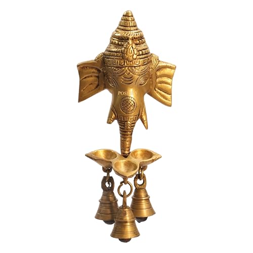 Image of Ganesha Wall Hanging with Diya and Bells -Positive Energy, Ganpati Decor, Lord Ganesha Idol, Hindu Spiritual Decor, Temple Decoration, Pooja Room Essential, Good Luck Charm|Shubh Labh - 735