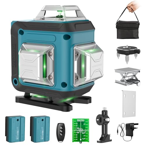 Niveau Laser 4D 360° Vert – Châssis Ultra-Stable pour Haute Précision, Technologie Laser SHARP, Anti-Vibrations, 2x Batteries 2400mAh, Mode Pulsé & Design Anti-Choc